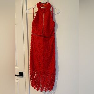 Bardot Gemma Halter Red Lace Midi Dress with Cutout Details - S